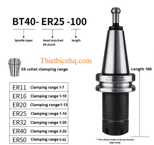 BT40 Collet ER Tool Holder Đầu kẹp BT40 kết hợp collet ER giúp kẹp dao phay, mũi khoan và dụng cụ chuôi thẳng chính xác