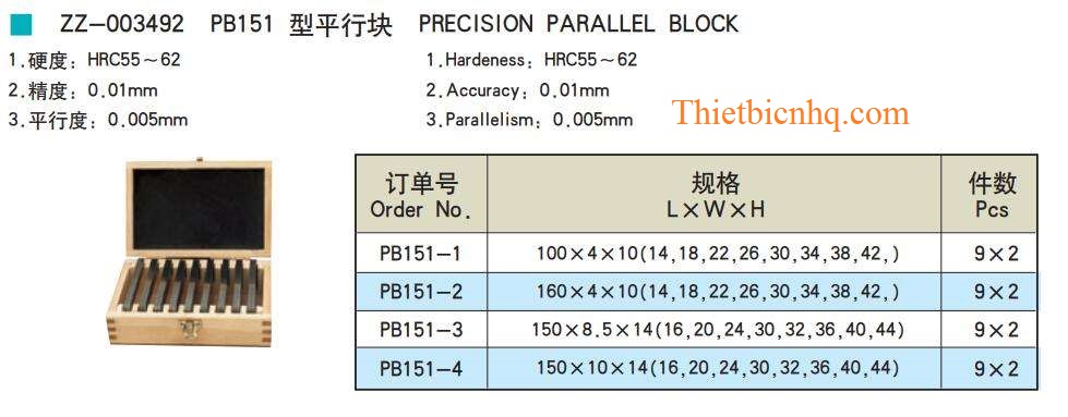 Thông số kỹ thuật bộ căn đệm song song 18 chi tiết PB151 Kích thước và thông số bộ căn đệm song song 18 chi tiết PB151 độ chính xác cao