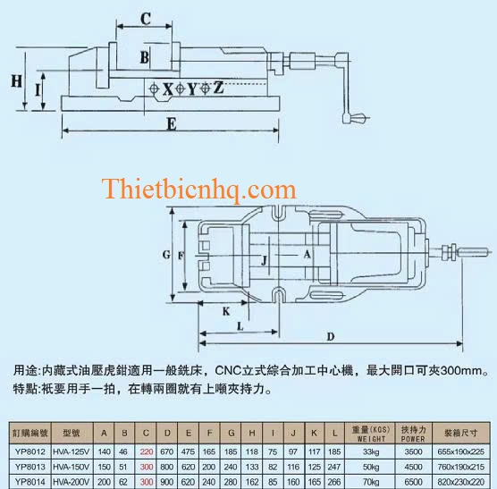 Kích Thước Ê Tô Thủy Lực HVA-150V 300mm kích thước và thông số kỹ thuật của ê tô thủy lực HVA-150V 300mm