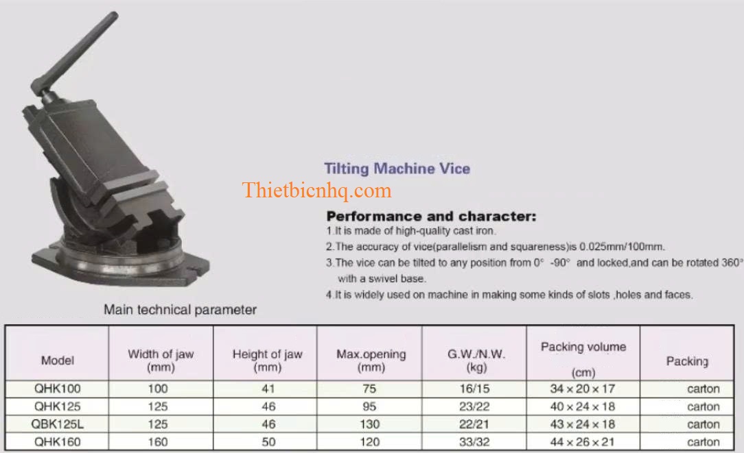 Thông Số Kích Thước Ê Tô Nghiêng Kích thước ê tô nghiêng Tilting Machine Vice các model QHK100 QHK125 QHK160