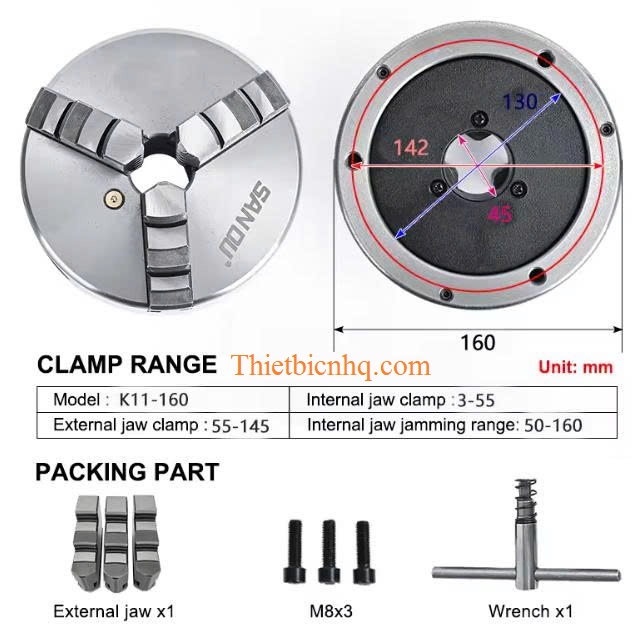Bản vẽ kích thước mâm cặp 3 chấu K11-160 Kích thước mâm cặp 3 chấu K11-160 D160