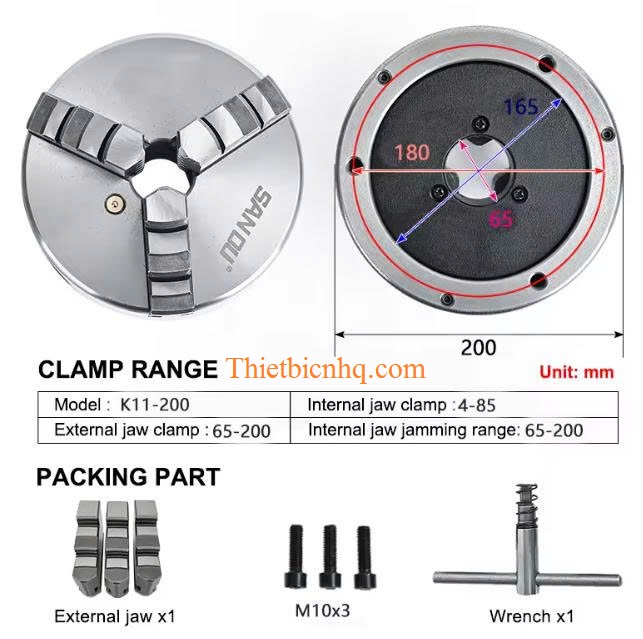Kích thước mâm cặp K11-200 Kích thước mâm cặp 3 chấu K11-200 bản vẽ thông số kỹ thuật
