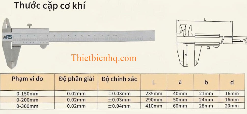 Kích thước thước kẹp cơ khí Kích thước thước kẹp cơ khí 150mm 200mm 300mm