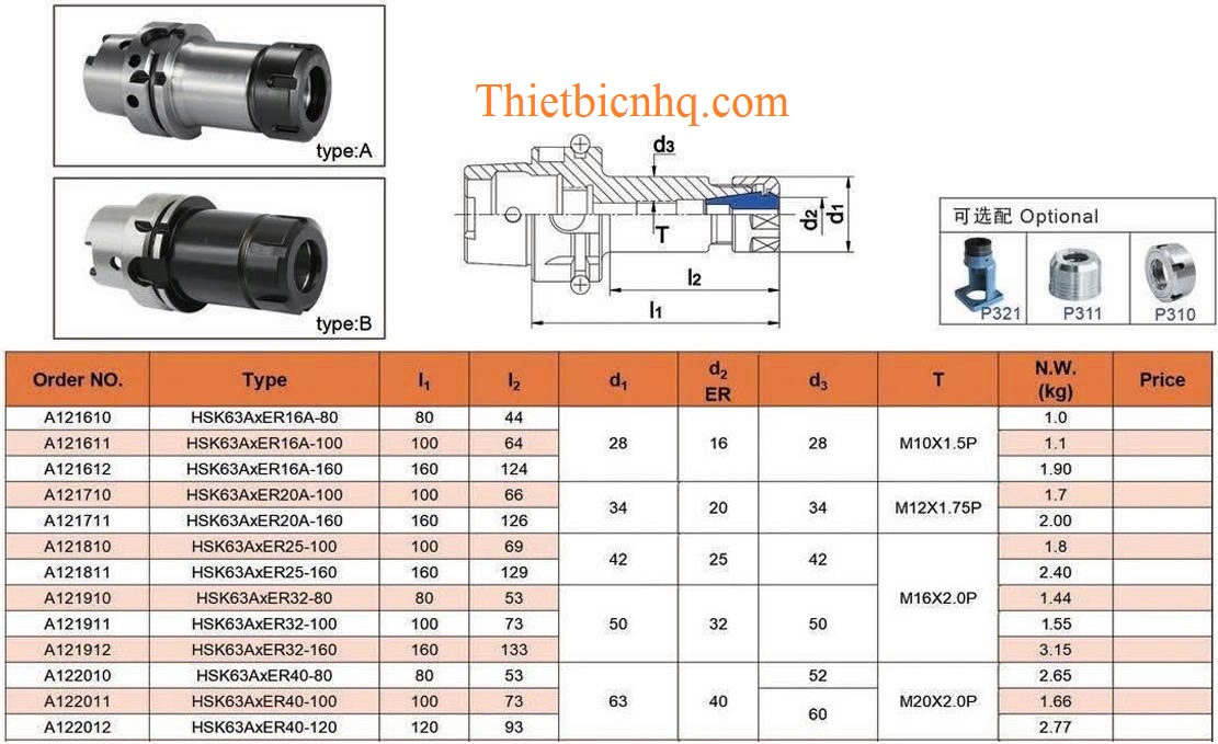 Kích thước bầu kẹp HSK63A-ER Kích thước bầu kẹp dao HSK63A-ER