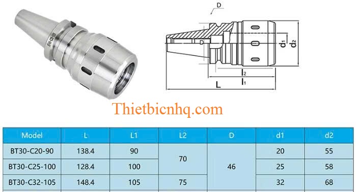 Kích thước BT30-C25 Kích thước bầu kẹp dao phay BT30-C25